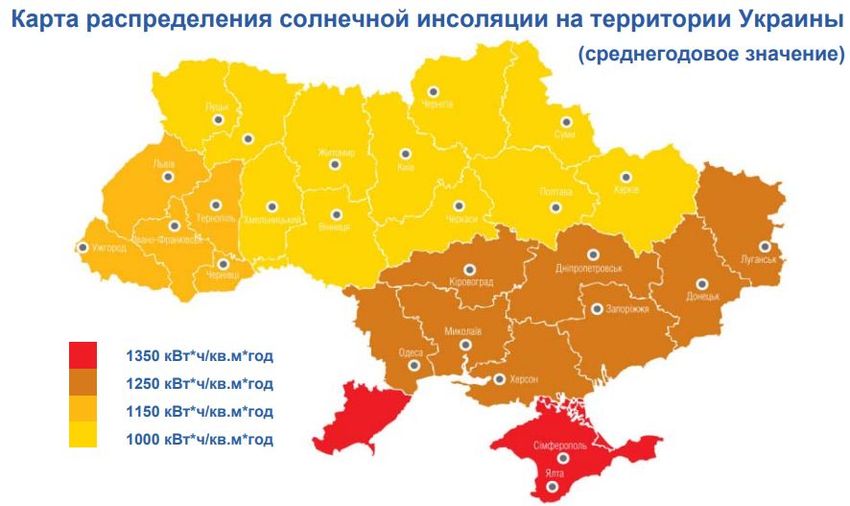 Карта распределения солнечной инсоляции по территории Украины
